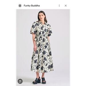 NWT Funky Buddha Collared Button Floral Shirt Dress Black White resort Cotton s